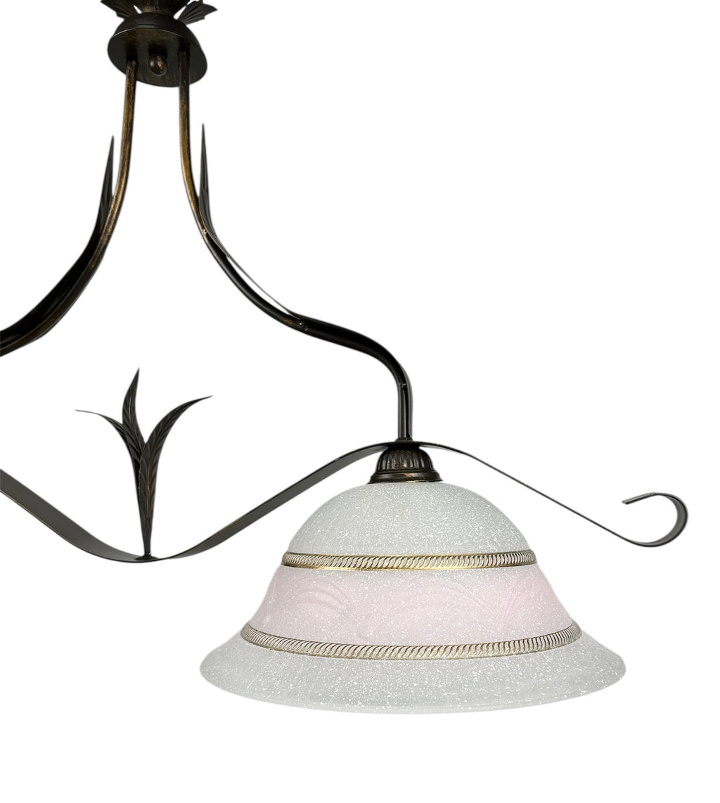Lampadario a bilanciere 2 luci in ferro battuto e vetro realizzato e decorato artigianalmente soggiorno cucina art. corona rosa