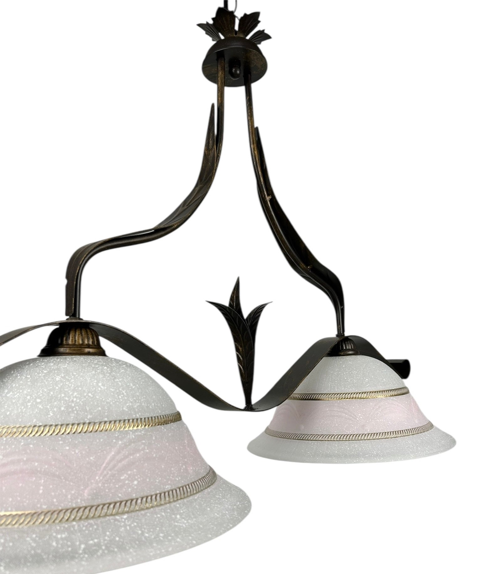 Lampadario a bilanciere 2 luci in ferro battuto e vetro realizzato e decorato artigianalmente soggiorno cucina art. corona rosa