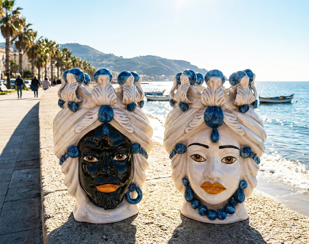 Coppia teste di moro in ceramica siciliana di Caltagirone h30cm art. blu