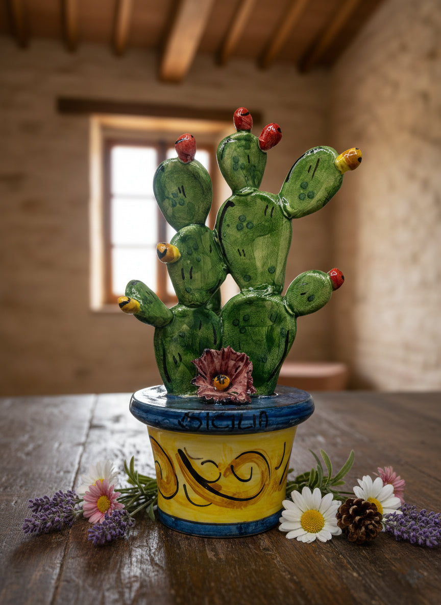 Piantina vaso ficodindia decorativo in ceramica di Caltagione realizzato a mano art. blu