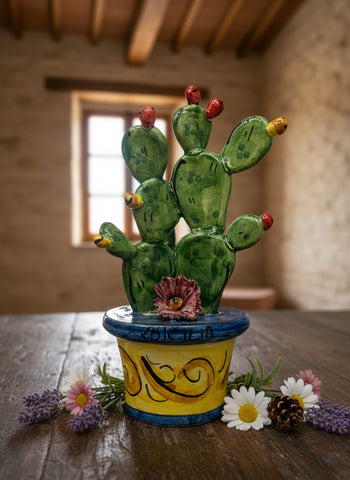 Piantina vaso ficodindia decorativo in ceramica di Caltagione realizzato a mano (BLU)