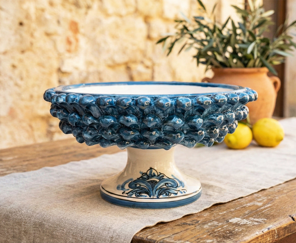 Large half pine cone stand in Sicilian ceramic from Caltagirone, hand-made and decorated, blue 