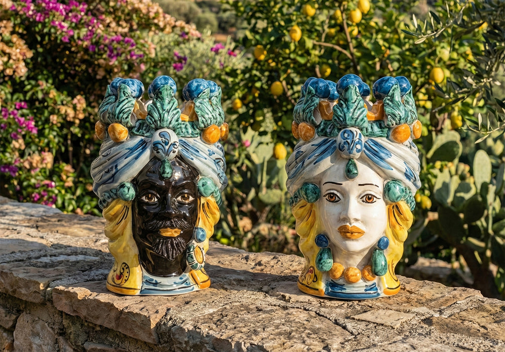 Pair of Sicilian ceramic Moor's heads from Caltagirone h20cm art. Sicilian blue 