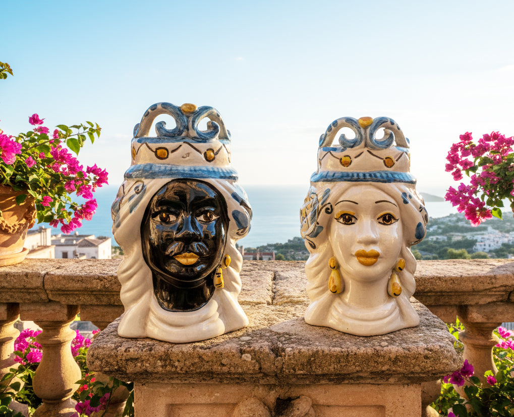 Pair of Sicilian ceramic Moor's heads from Caltagirone h15cm art. celeste 