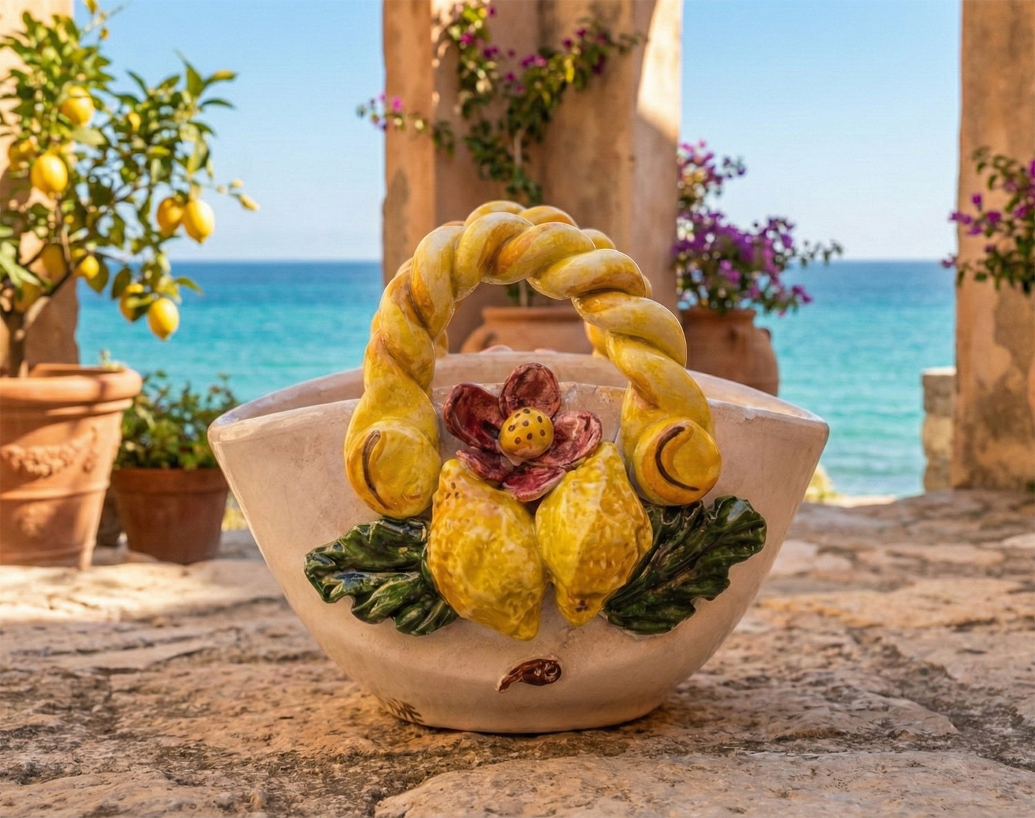 Coffa in ceramica siciliana di Caltagirone realizzata e decorata a mano art. limoni