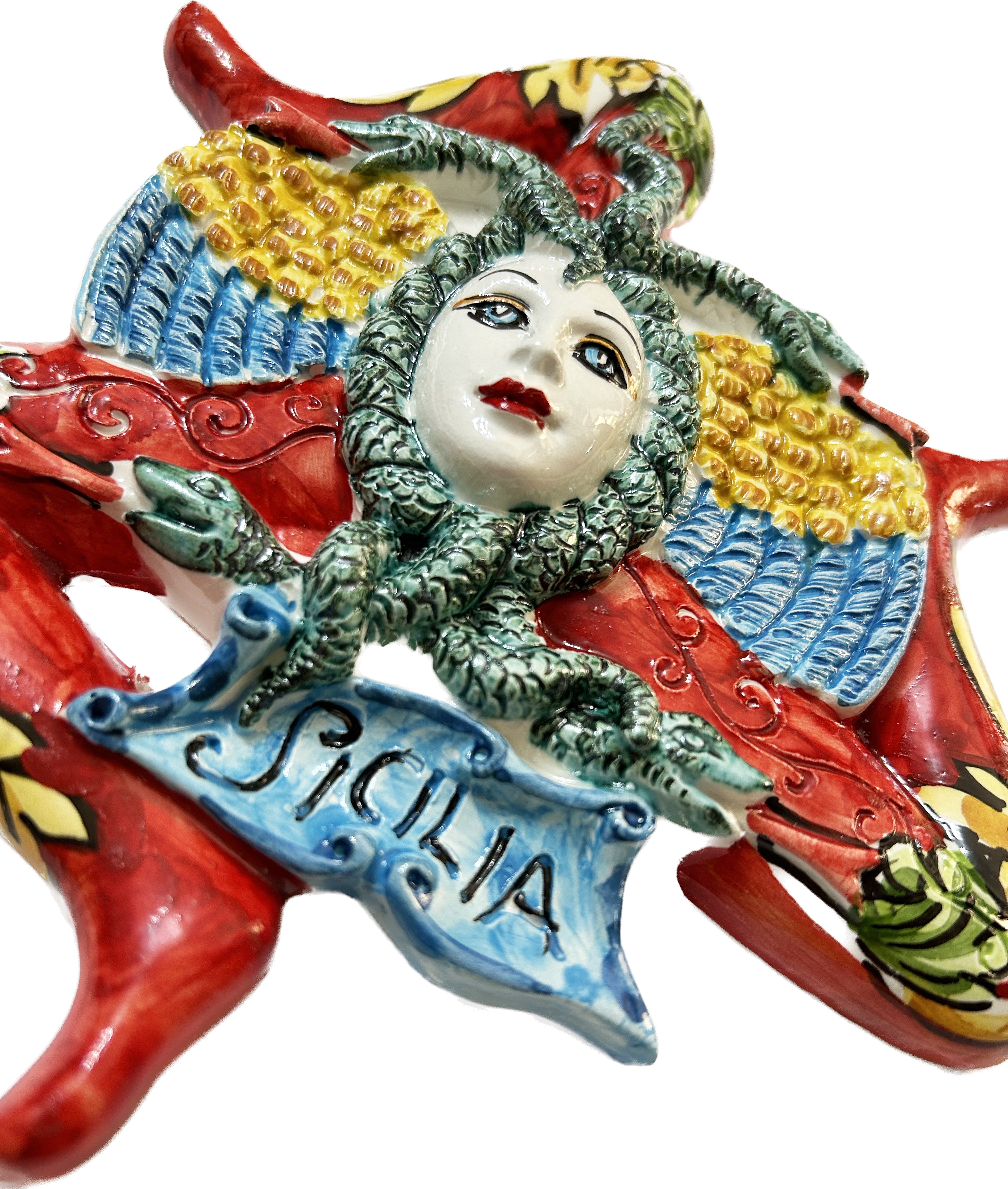 Trinacria siciliana in ceramica di Caltagirone realizzata e decorata a mano D 18 cm