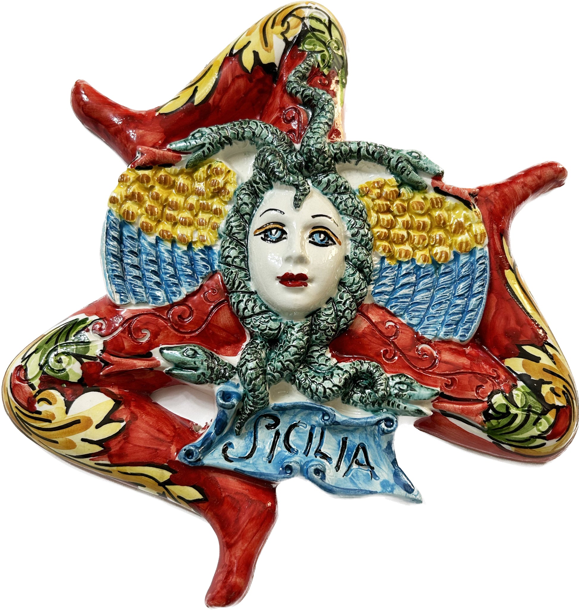 Trinacria siciliana in ceramica di Caltagirone realizzata e decorata a mano D 18 cm
