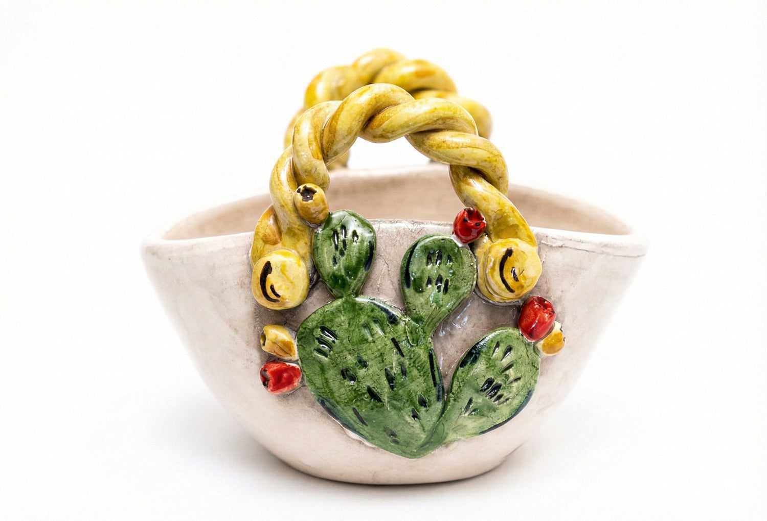 Coffa in ceramica siciliana di Caltagirone realizzata e decorata a mano art. ficodindia
