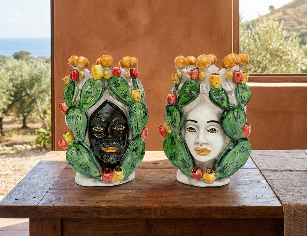 Pair of Sicilian ceramic Moor's heads from Caltagirone h20cm art. prickly pear 