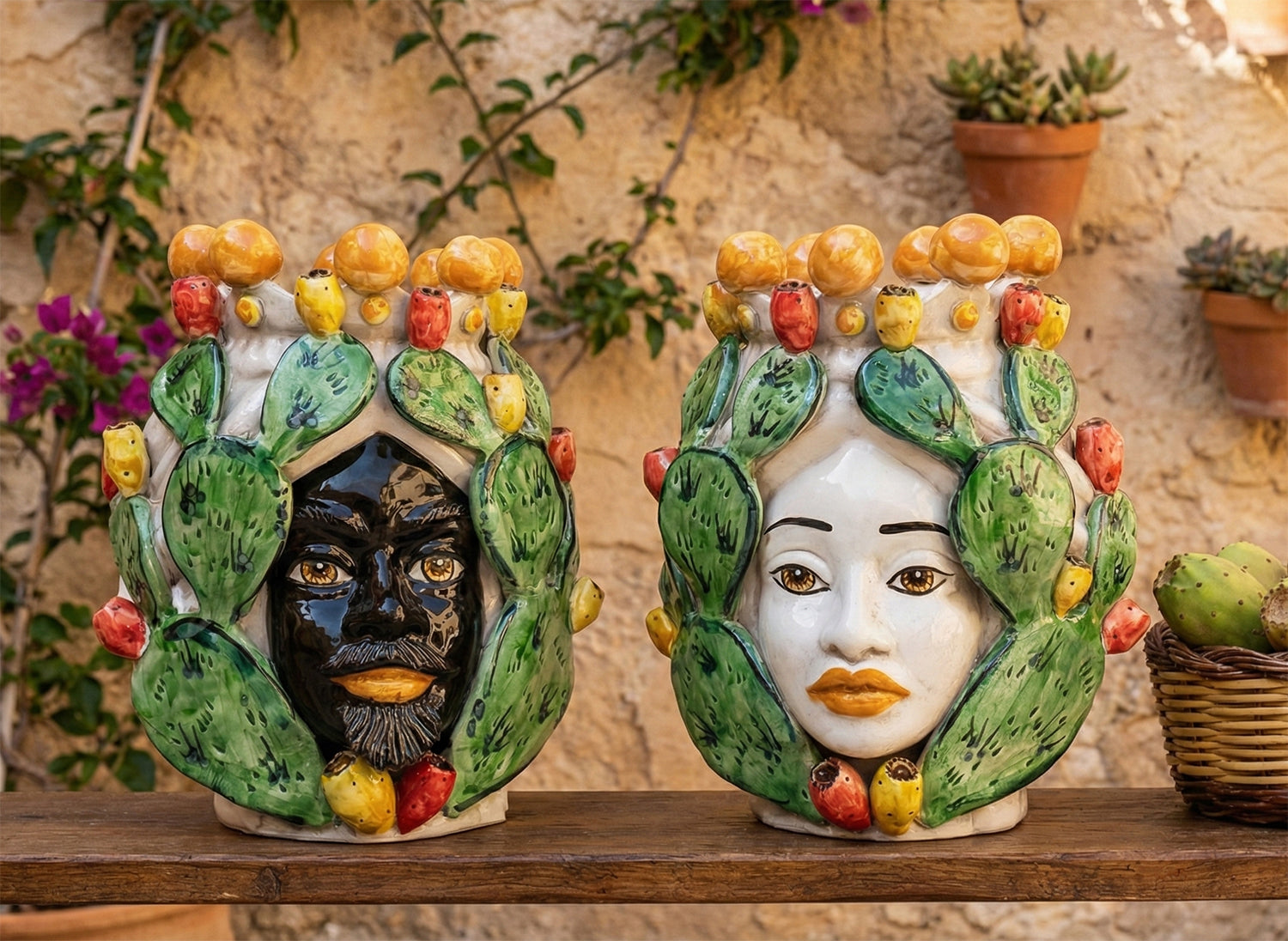 Pair of Sicilian ceramic Moor's heads from Caltagirone h30cm art. prickly pear 