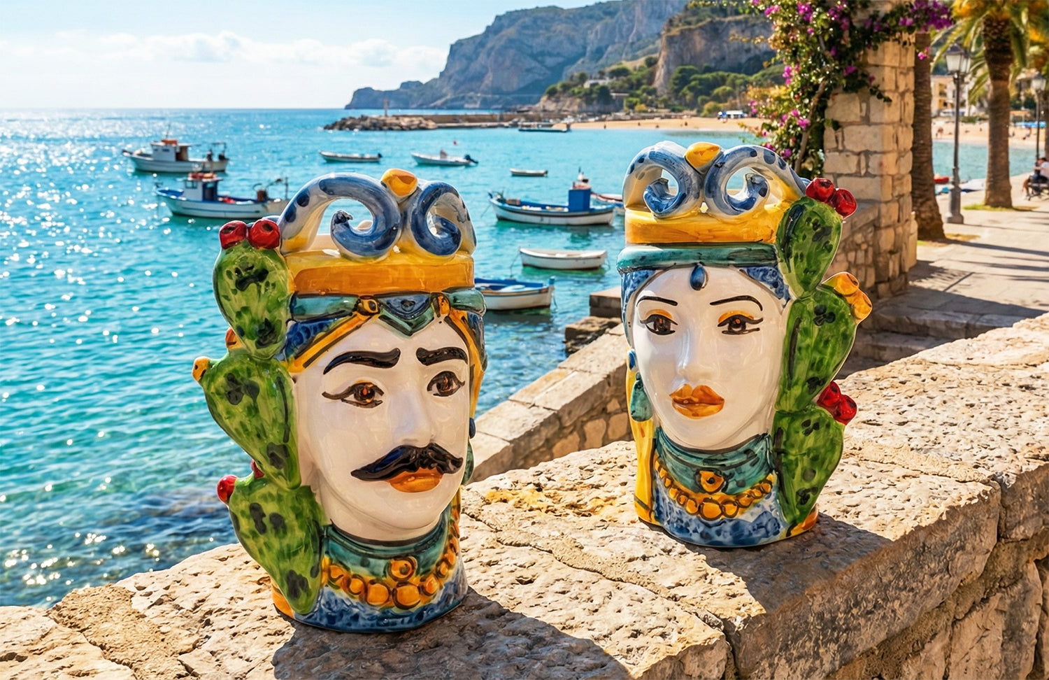 Pair of Sicilian ceramic Moor's heads from Caltagirone h15cm art. prickly pear 