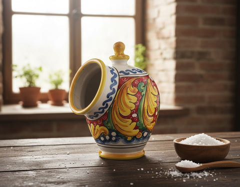 Saliera in ceramica decorata a mano da ceramisti siciliani fiore rosso art 15