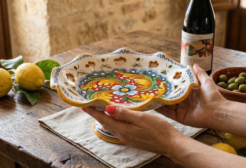 Medium ceramic stand centerpiece hand decorated by Sicilian ceramists red flower art 4