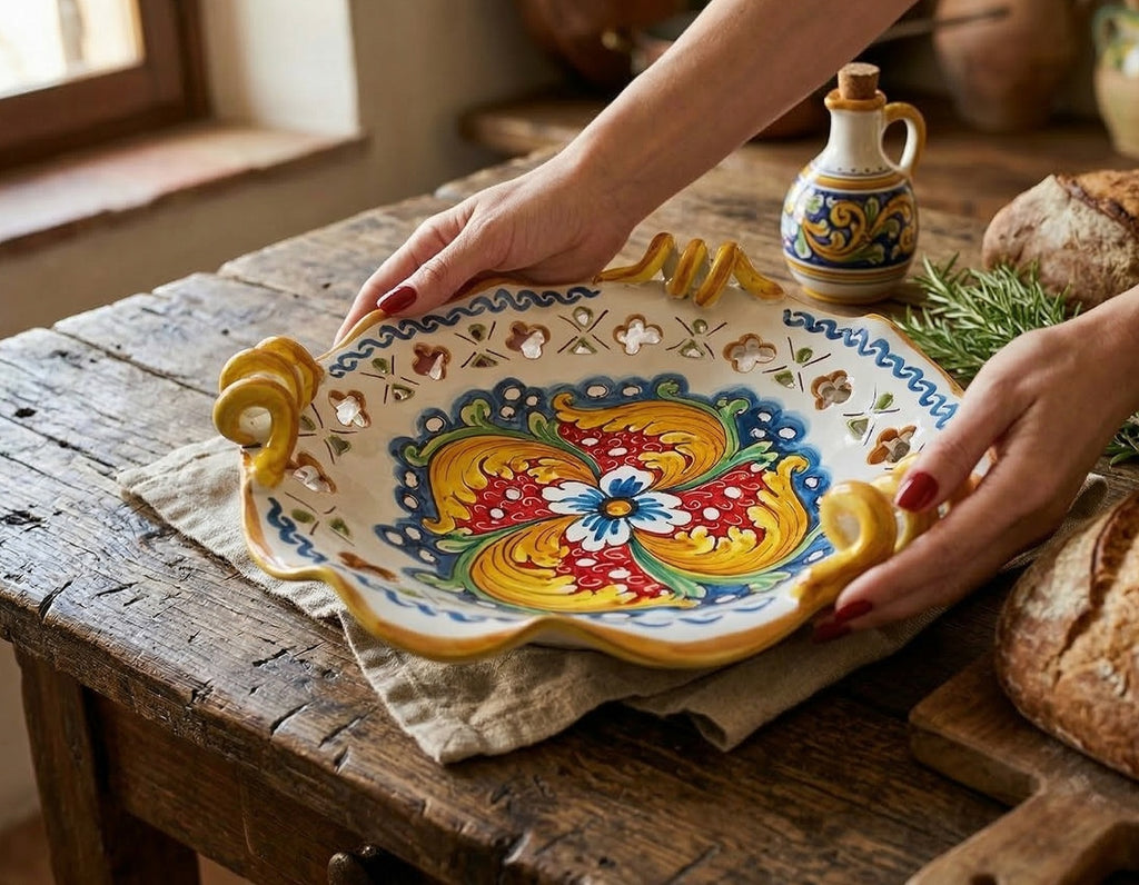 Large ceramic centerpiece hand decorated by Sicilian ceramists red flower art 6