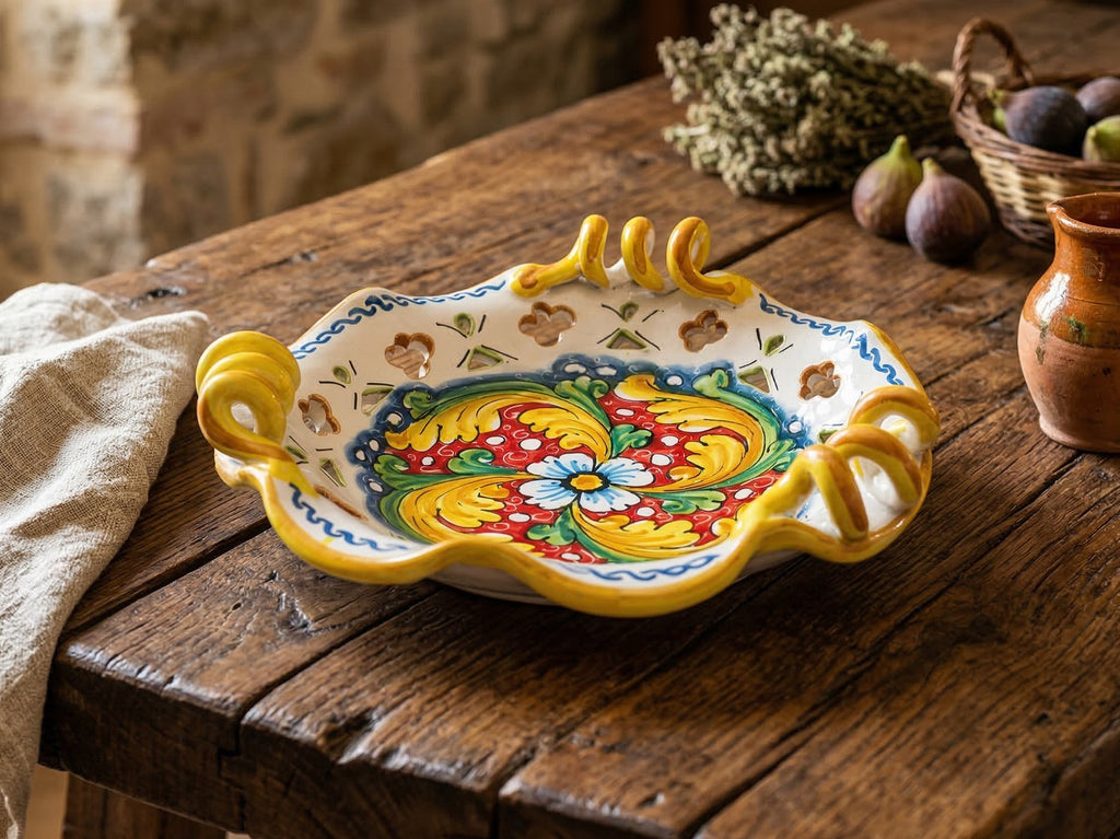 Centrotavola piccolo in ceramica decorata a mano da ceramisti siciliani fiore rosso art 7