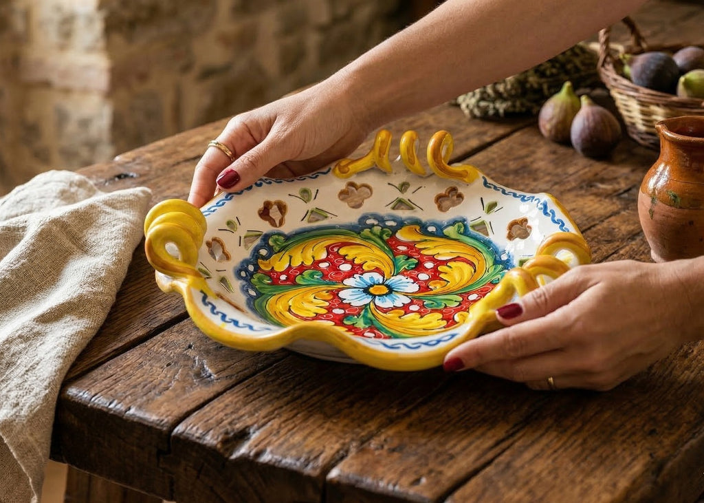 Centrotavola piccolo in ceramica decorata a mano da ceramisti siciliani fiore rosso art 7