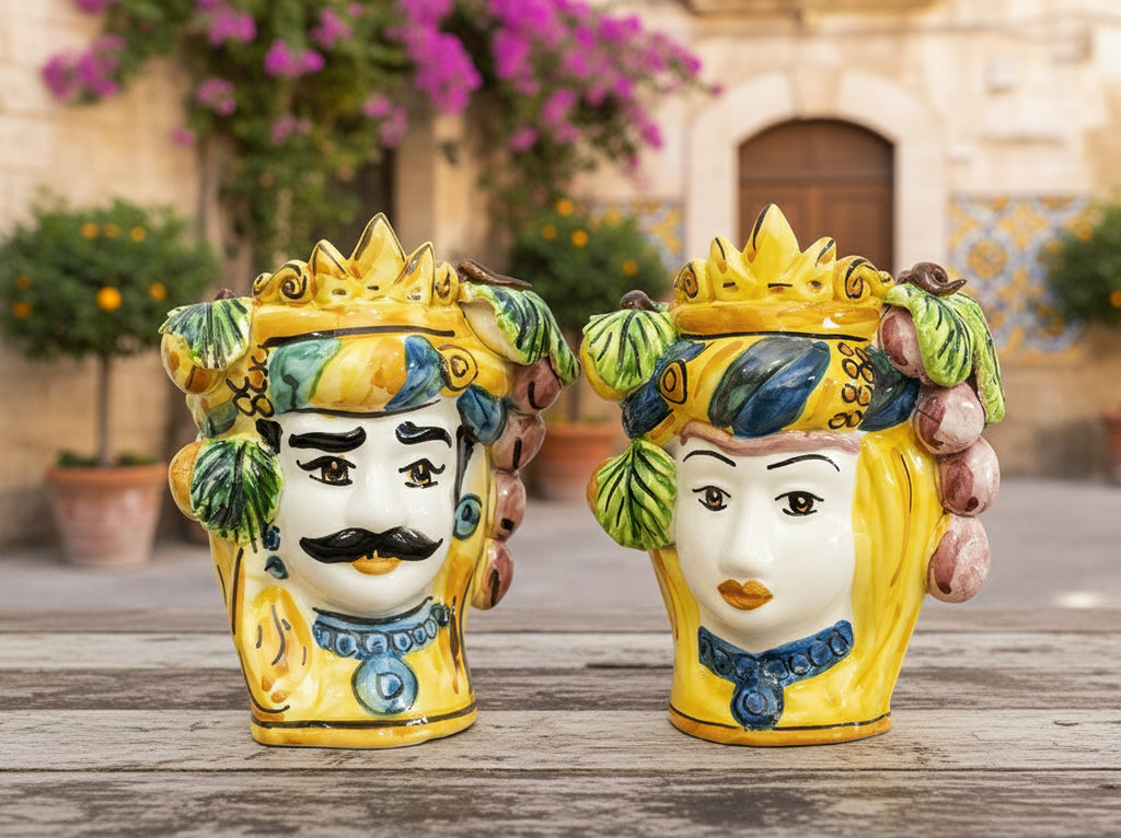 Coppia teste di moro in ceramica siciliana di Caltagirone h15cm art. frutta