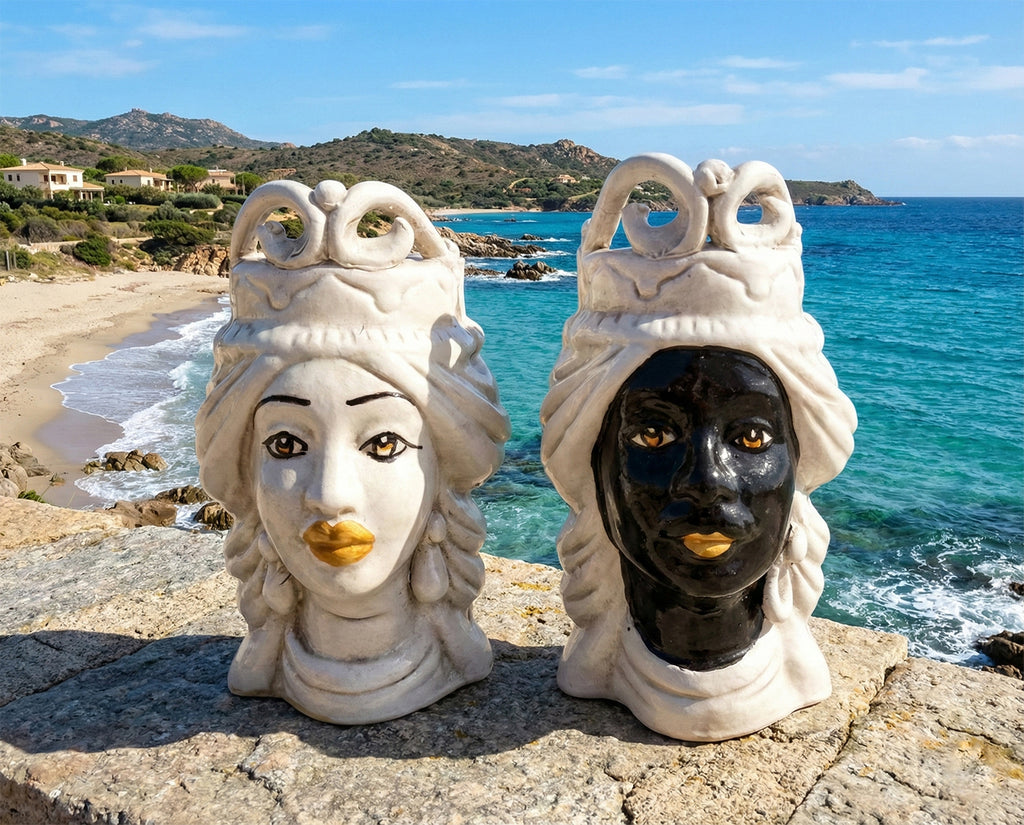 Coppia teste di moro in ceramica siciliana di Caltagirone h15cm art. fumè