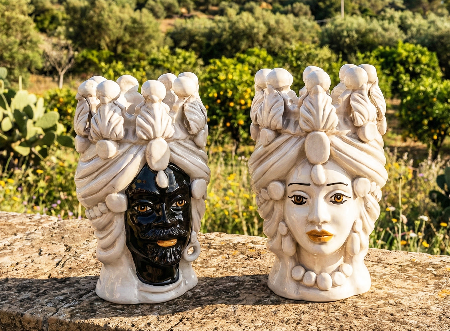 Pair of Sicilian ceramic Moor's heads from Caltagirone h20cm art. fumè 