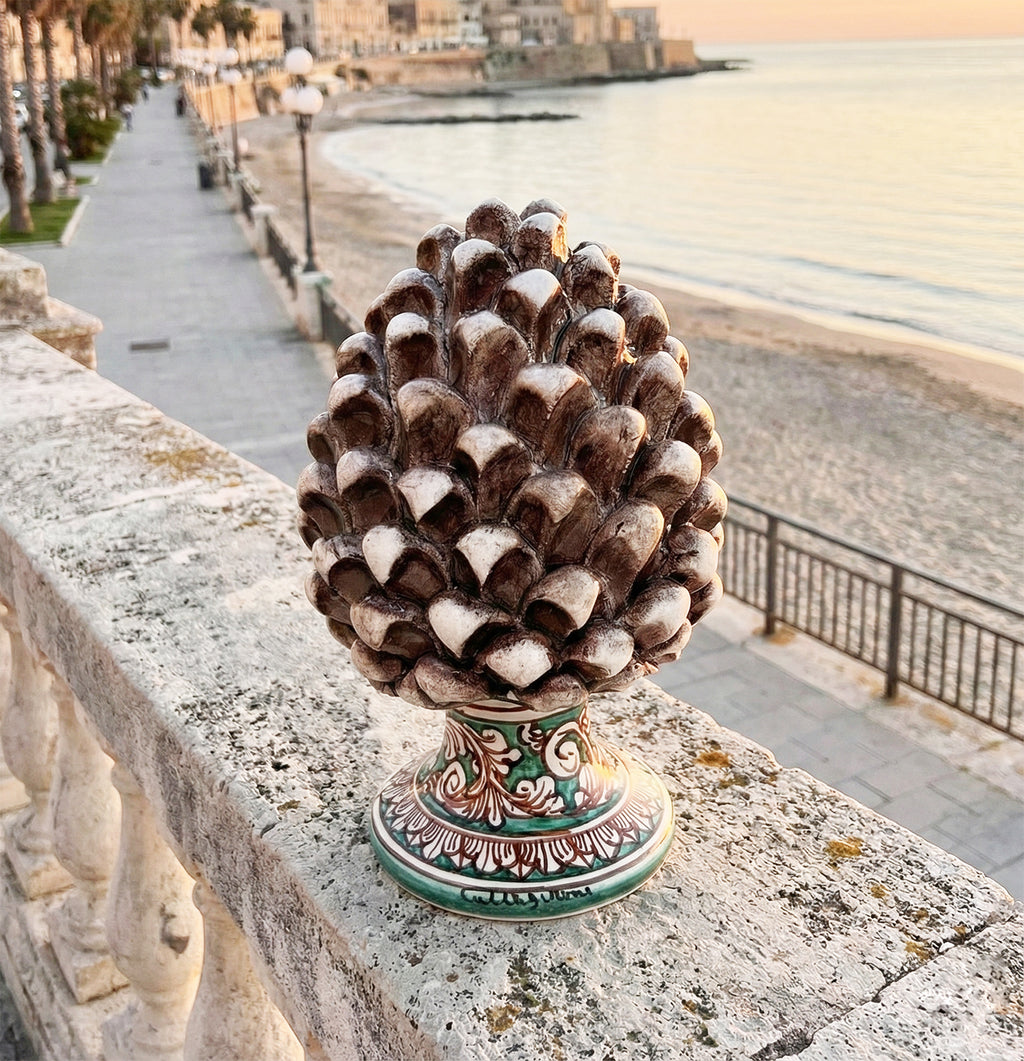 Decorative ceramic pine cone from Caltagirone, hand-painted and decorated, smoky, H 21 cm