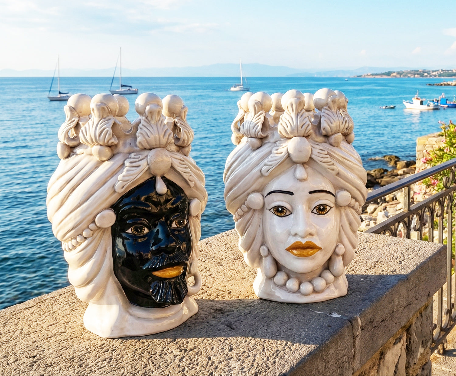 Pair of Sicilian ceramic Moor's heads from Caltagirone h30cm art. fumè 