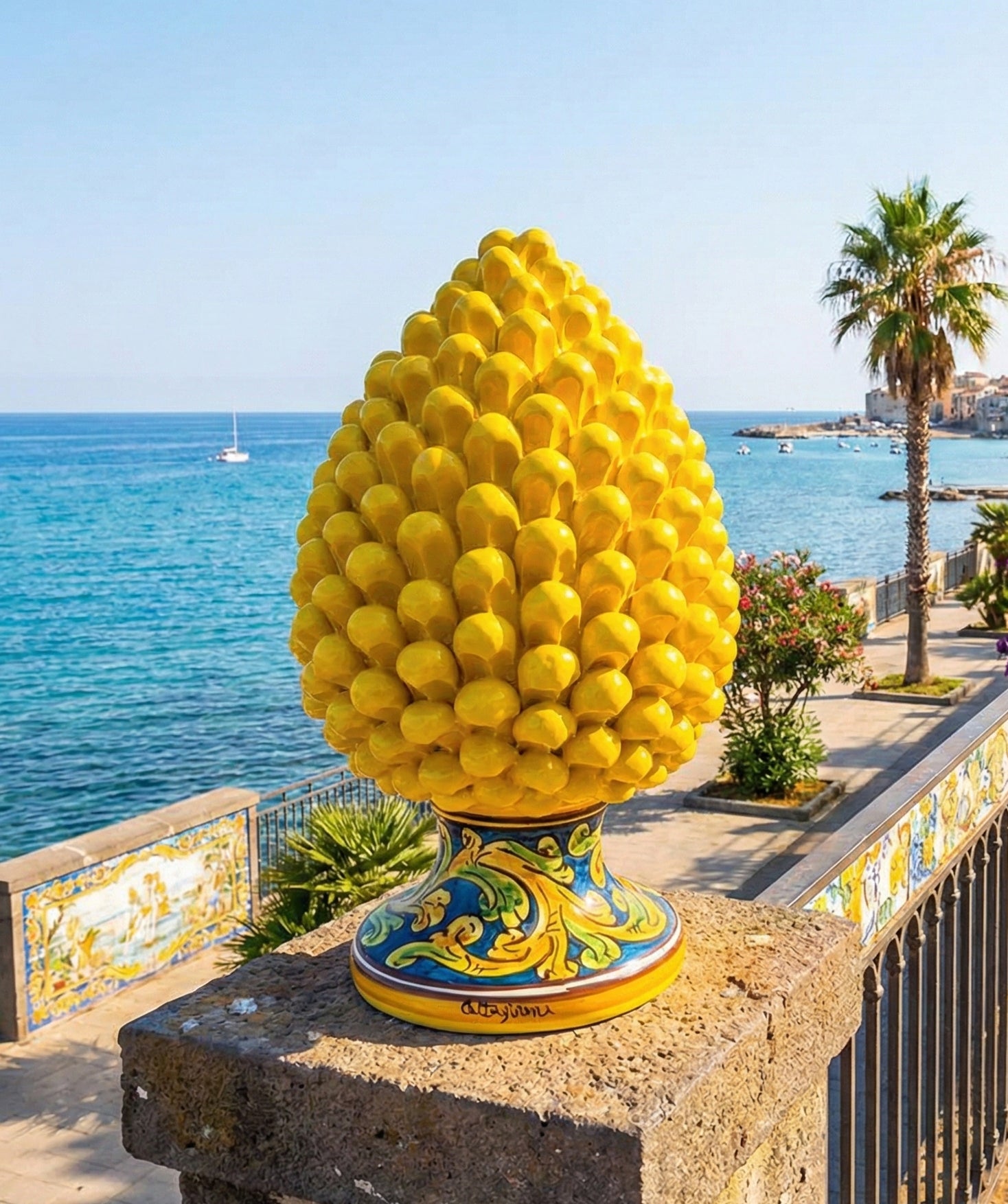 Pigna decorativa in ceramica di Caltagirone dipinta e decorata a mano giallo H 30 cm