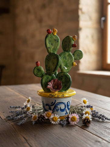 Piantina vaso ficodindia decorativo in ceramica di Caltagione realizzato a mano (GIALLO)