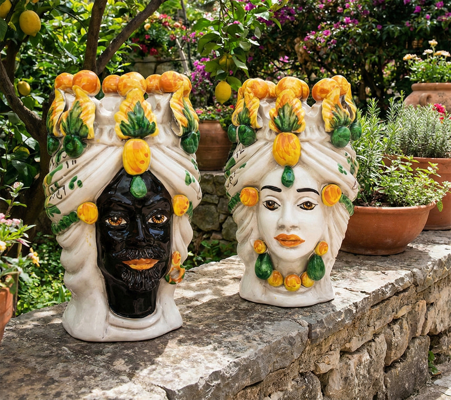 Coppia teste di moro in ceramica siciliana di Caltagirone h20cm art. giallo siciliano