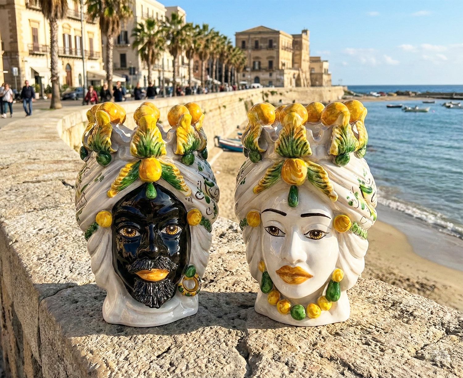 Pair of Sicilian ceramic Moor's heads from Caltagirone h30cm art. Sicilian yellow 