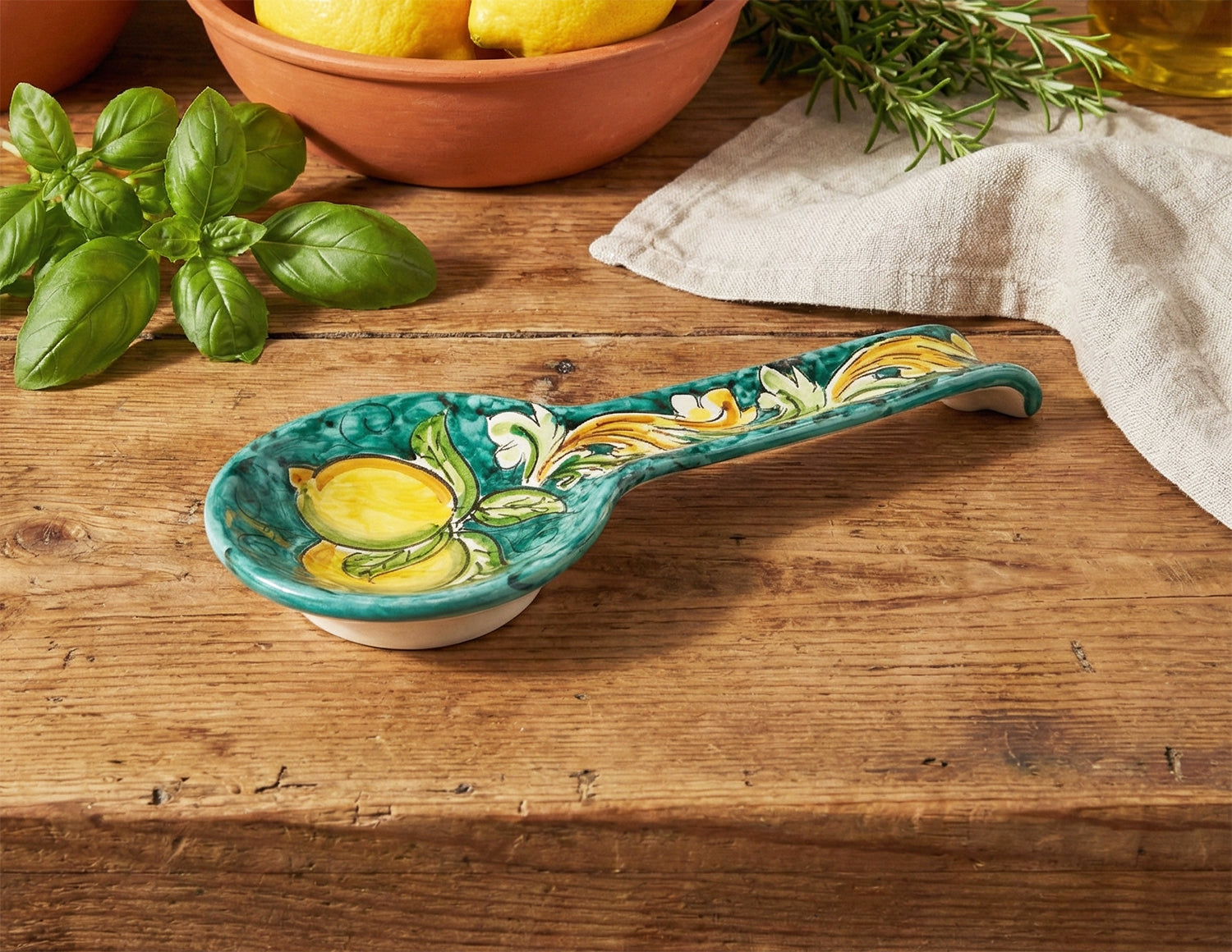 Poggiamestolo in Ceramica Siciliana di Caltagirone Decorato a Mano Artigianalmente Limoni Turchese