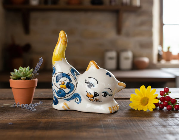 Gatto in ceramica di Caltagione realizzato a mano, animali portafortuna (BLU)