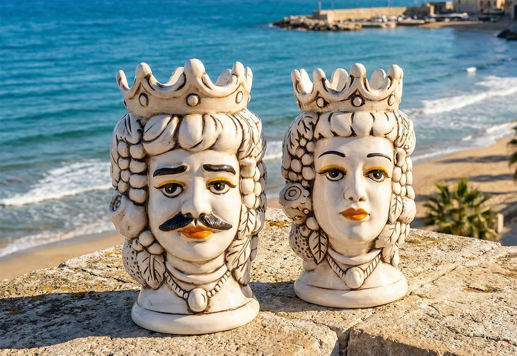 Pair of Moor's heads with smoked fruit in hand-decorated Nicaraguan ceramic art. 813-812