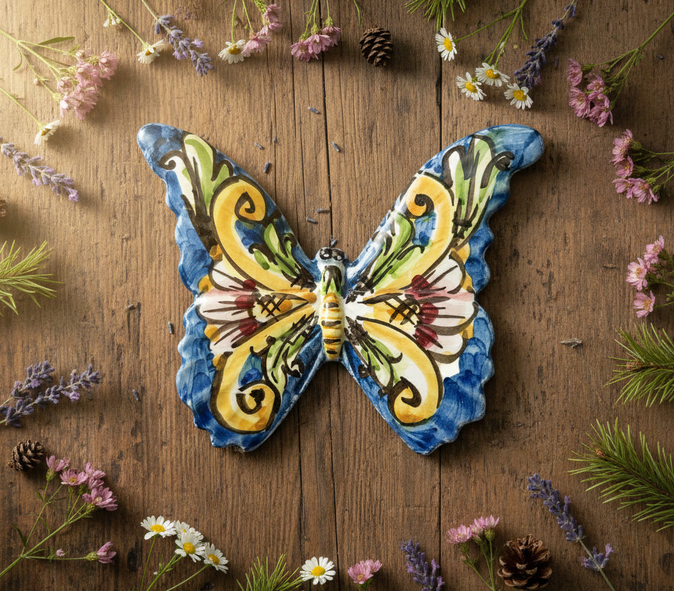 Sicilian ceramic butterfly from Caltagirone, hand-made and decorated, art. 01 