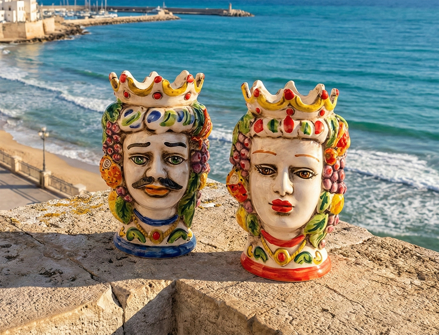 Pair of Moor's heads with colored fruit in hand-decorated Nicaraguan ceramic art. 817-816