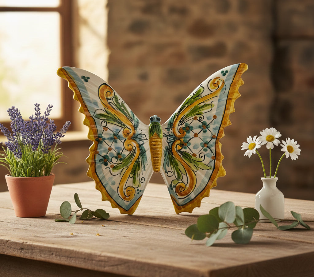 Farfalla in ceramica siciliana di caltagirone realizzata e decorata a mano art. 11