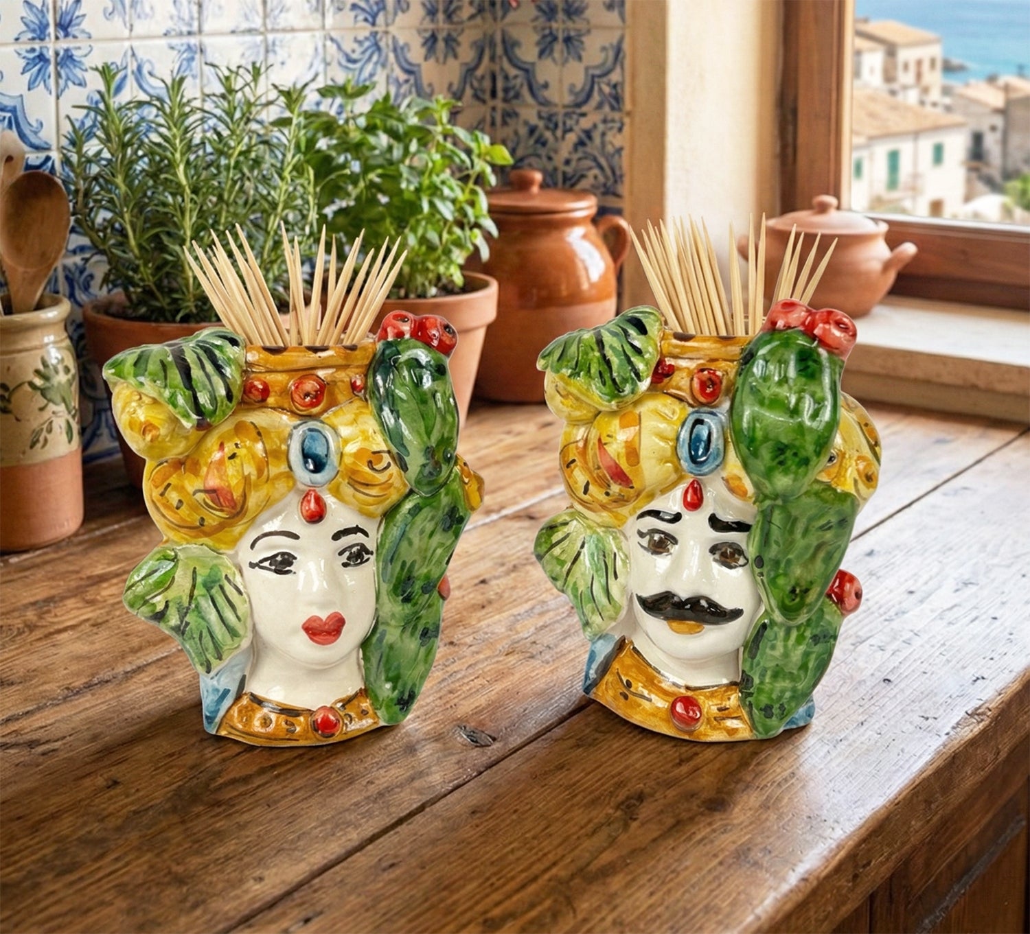 Coppia Teste di Moro in Ceramica Siciliana di Caltagirone Stile Tradizionale Ficodindia