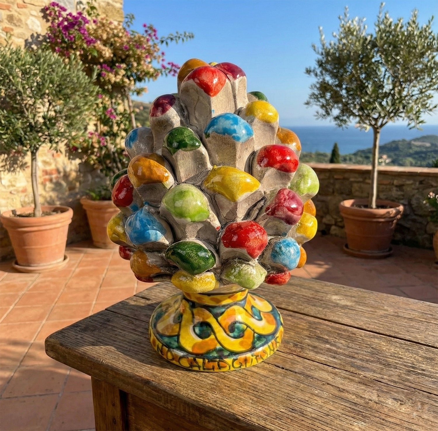 Pigna Decorativa in Ceramica Siciliana di Caltagirone, Dipinta a Mano, Multicolore con Base Decorata