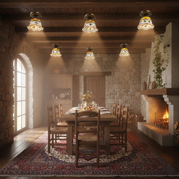 Plafoniera Spot da Soffitto, 1 Luce, Ferro Battuto e Ceramica Siciliana, Cucina, Bagno e Veranda D 15 art. martina