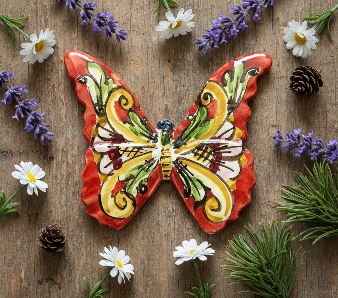 Sicilian ceramic butterfly from Caltagirone, hand-made and decorated, art. 06 