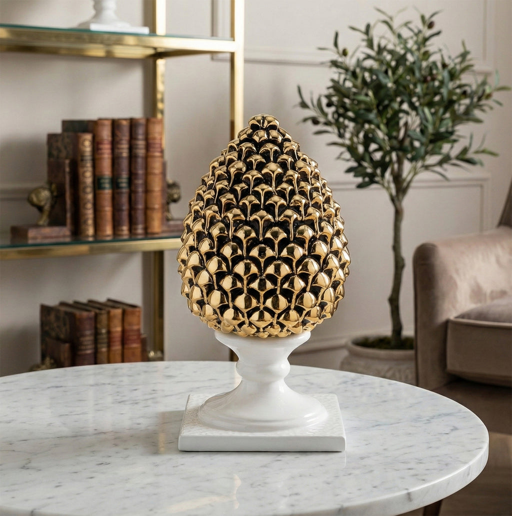 Pigna siciliana oro base bianca realizzata e decorata a mano resina h19cm VL