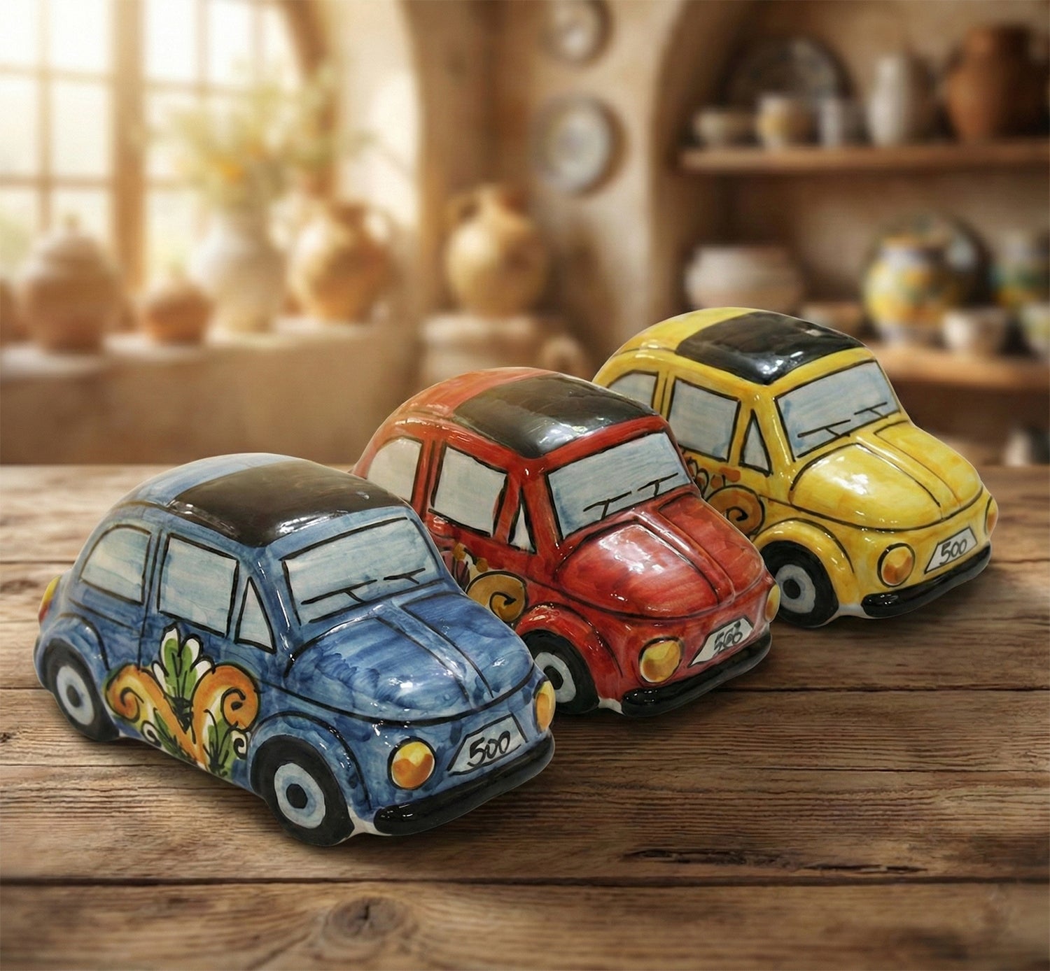 Auto 500 in ceramica siciliana di caltagirone realizzata e decorata a mano