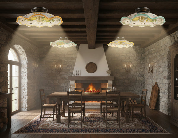 Plafoniera Spot da Soffitto, 1 Luce, Ferro Battuto e Ceramica Siciliana, Cucina, Bagno e Veranda art. martina