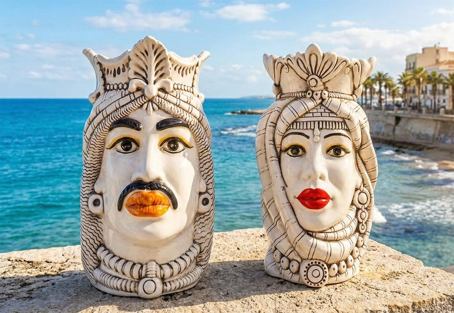 Pair of smoky Arab Moorish heads in hand-decorated Nicaraguan ceramic art. 801,800