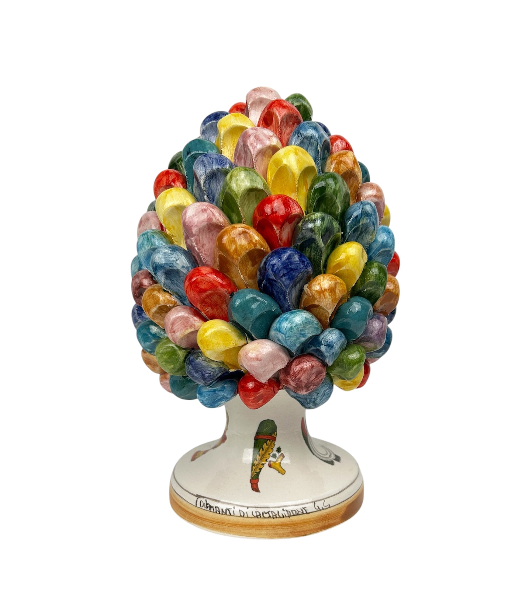 Pigna in ceramica siciliana di Caltagirone dipinta e decorata a mano multicolore carte siciliane H25