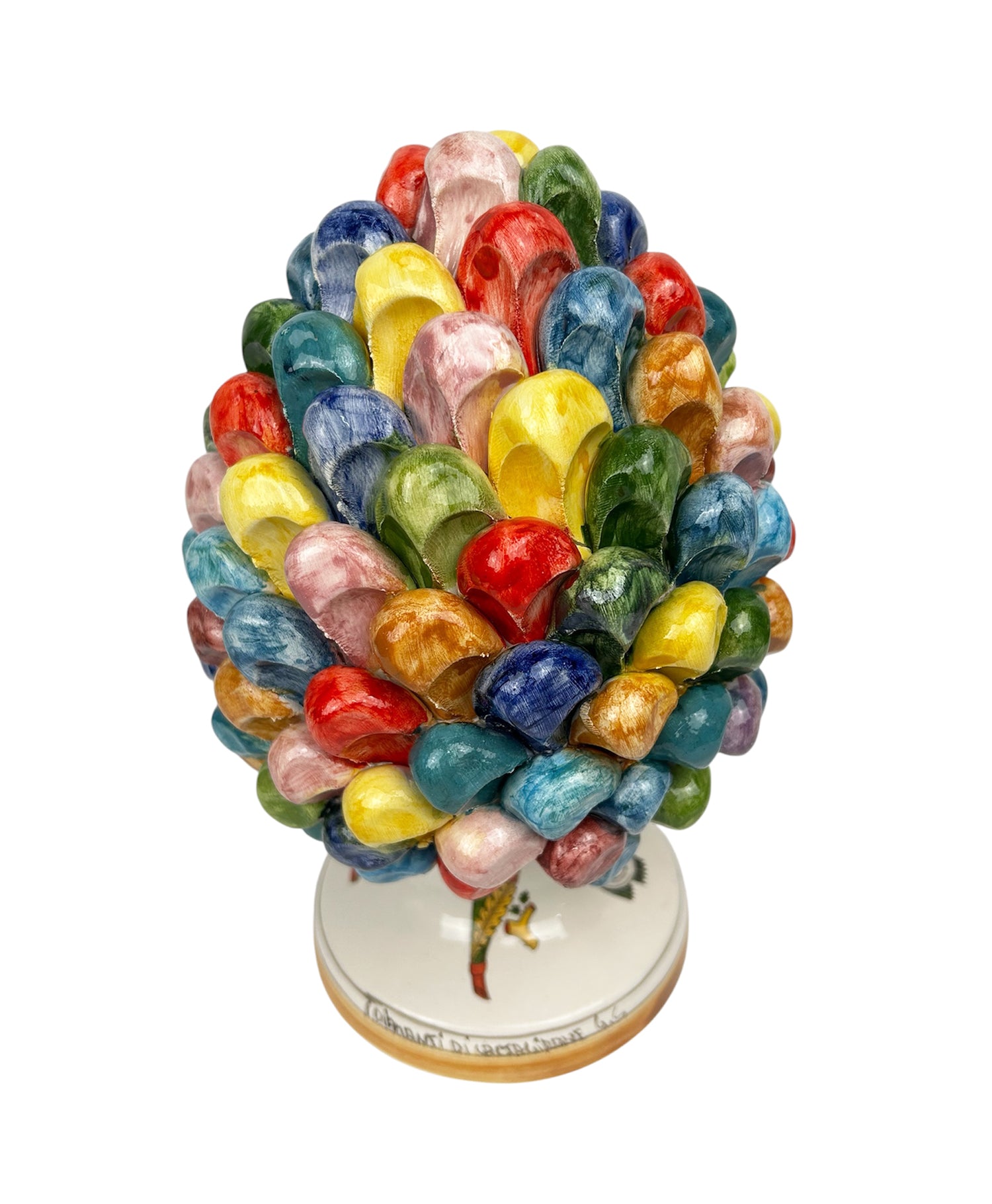 Pigna in ceramica siciliana di Caltagirone dipinta e decorata a mano multicolore carte siciliane H25