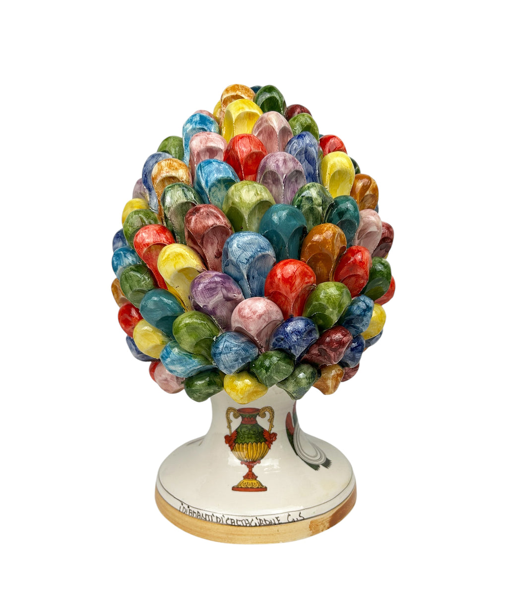 Hand-painted and decorated Sicilian ceramic pine cone from Caltagirone, multicolored Sicilian playing cards, H30