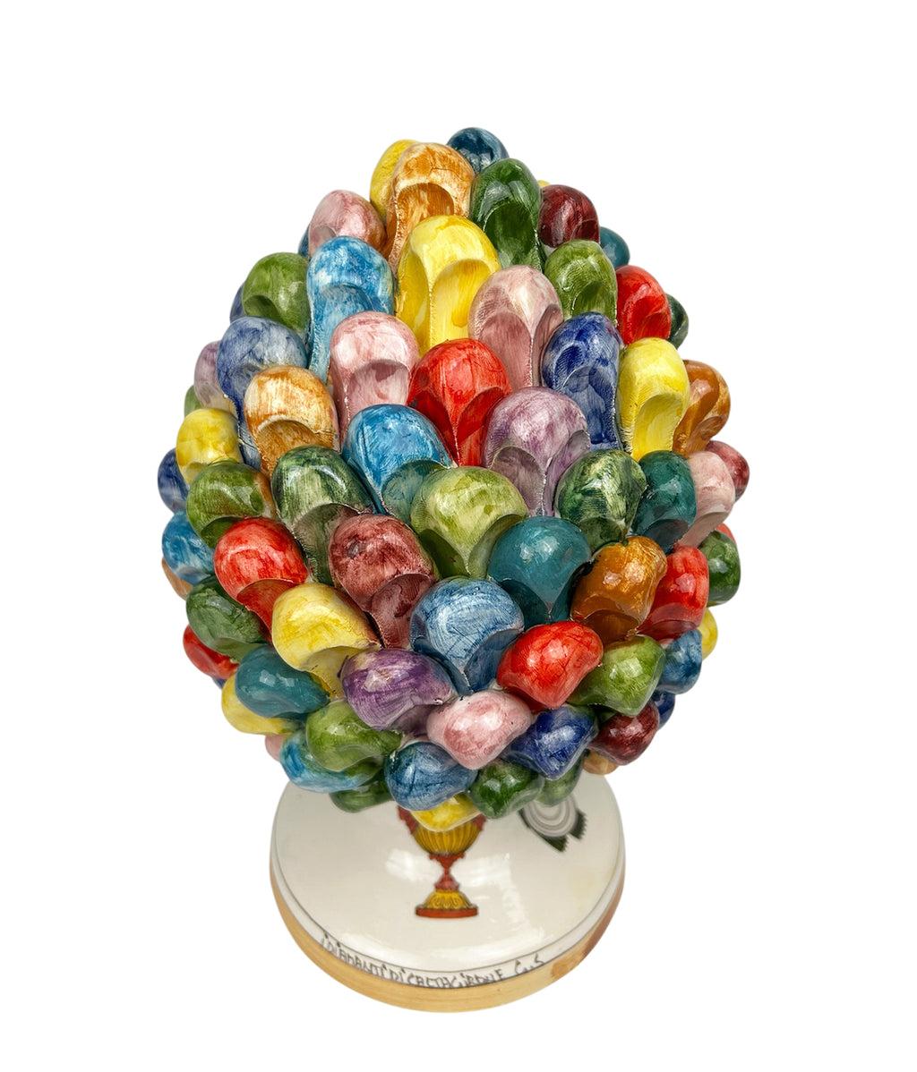 Hand-painted and decorated Sicilian ceramic pine cone from Caltagirone, multicolored Sicilian playing cards, H30