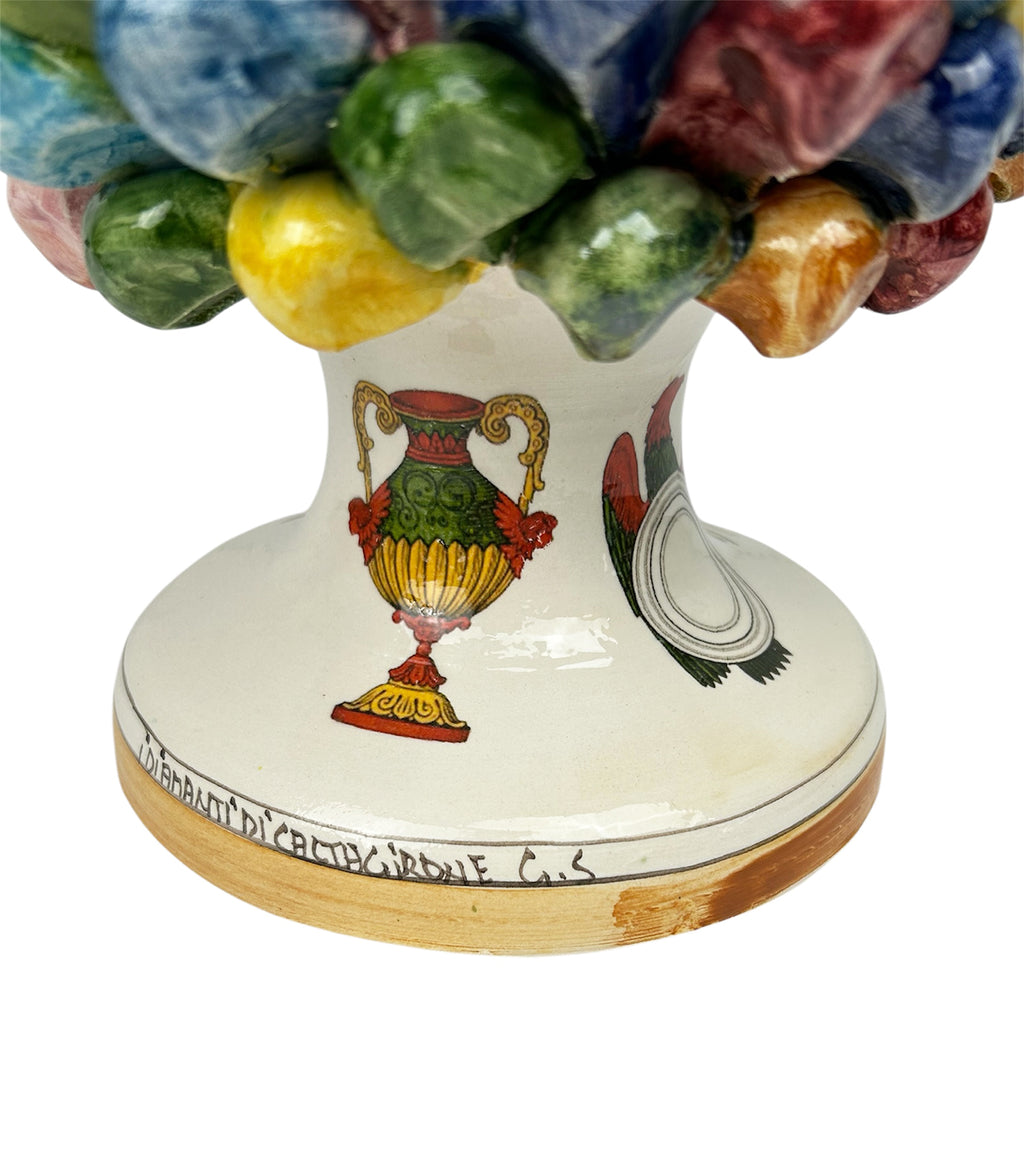 Hand-painted and decorated Sicilian ceramic pine cone from Caltagirone, multicolored Sicilian playing cards, H30