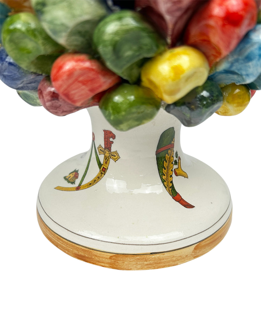 Hand-painted and decorated Sicilian ceramic pine cone from Caltagirone, multicolored Sicilian playing cards, H30