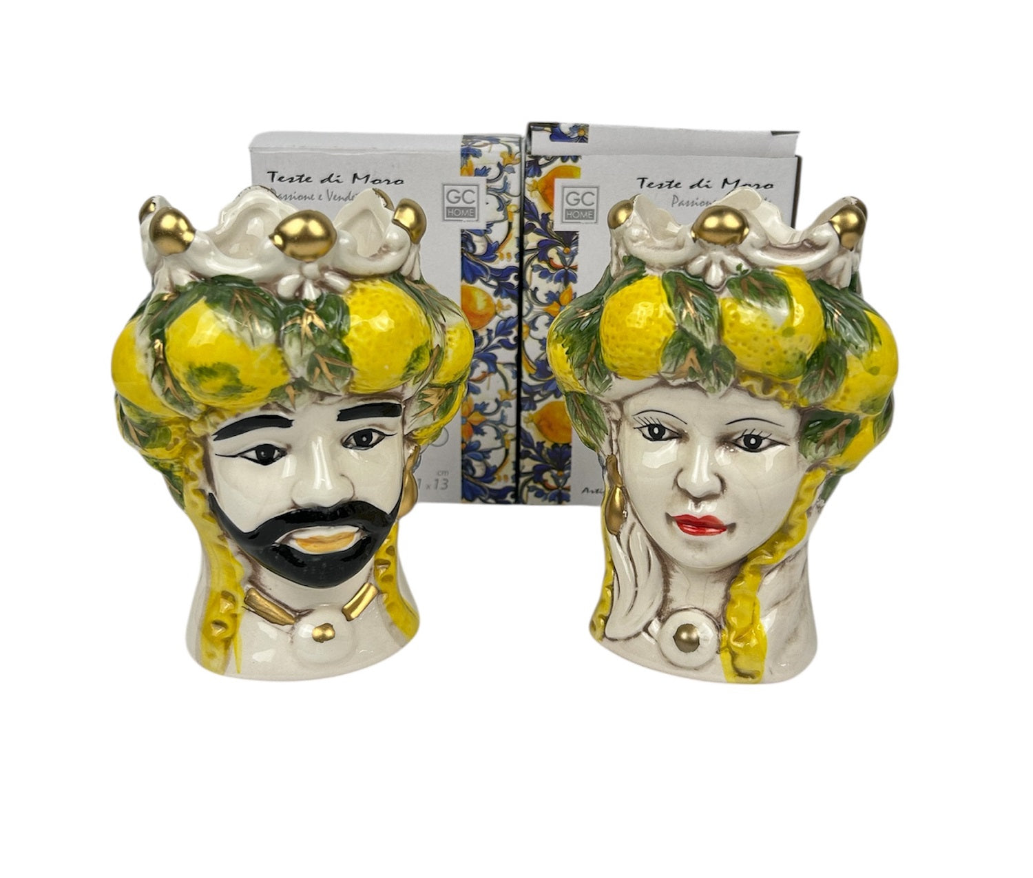 Coppia teste di moro regina e re in ceramica decorata stile siciliano vasi moderni gic limoni